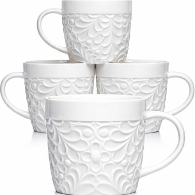 16 oz Ceramic Coffee Mugs Set of 4 – Embossed Nature-Inspired Design, Comfortable Grip Handle – Large Latte & Tea Cups, Modern Farmhouse Style – Microwave & Dishwasher Safe