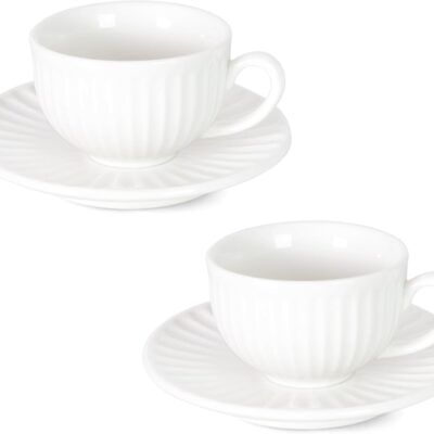 2 oz White Espresso Cups Set of 2, Ceramic Cappuccino Cups with Saucers, Durable Porcelain Tea Set & Modern Coffee Cup Collection, Coffee Lover Gifts