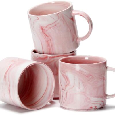 12 oz Stackable Coffee Mugs for Office,  Novelty Marble Ceramic Tea Cups for Boy Girl lover Women Men, Set of 4, Pink