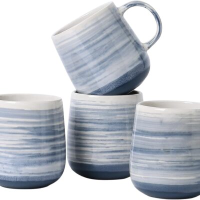 Coffee Mugs, Set of 4 Ceramic Mugs with Blue and White Gradient Stripes, 12oz Modern Cups with Comfortable Handle - Dishwasher & Microwave Safe, Design for Home, Office, Daily Use