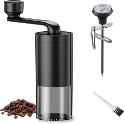 Manual Coffee Grinder with Ceramic  – Stepless Adjustable for Espresso French Press – Hand Crank, Portable for Camping Travel Home – with 100°C Coffee Thermometer (Black)