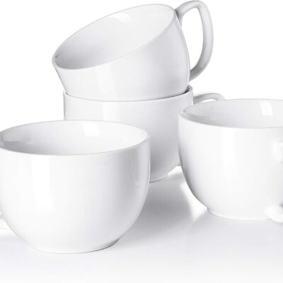 16oz Large Coffee Mugs Set of 4 - Thick White Porcelain Cups for Cappuccino, Latte, Tea & Hot Chocolate - Dishwasher Safe Ceramic with Comfort Grip Handles