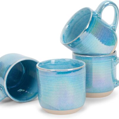 Glossy Reactive Glaze Large 17 Fluid Ounce Everyday Kitchen Food Grade Ceramic  Coffee Mug Cup with Comfort Curved Handles, Set of 4, Blue
