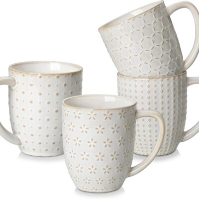 Coffee Mugs, 16 OZ Ceramic Mugs Set of 4 with Handle, Embossment Cups for Latte, Hot Tea, Cappuccino, Mocha, Cocoa, Dishwasher & Microwave Safe Gift Set, White