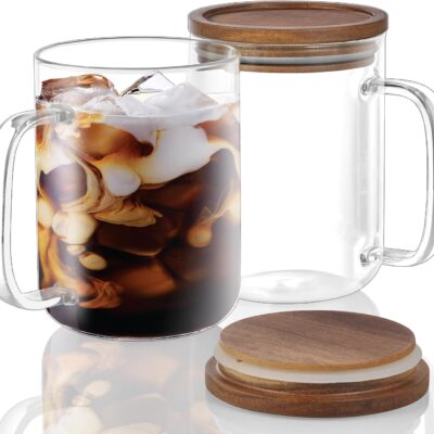 Glass Coffee Mugs, 20 oz Clear Coffee Cups, Coffee Mug with Acacia Wood Lid, Tea Glass Cups with Handles, Large Coffee Mug Set of 2, Glass Coffee Cups for Latte, Espresso, Tea