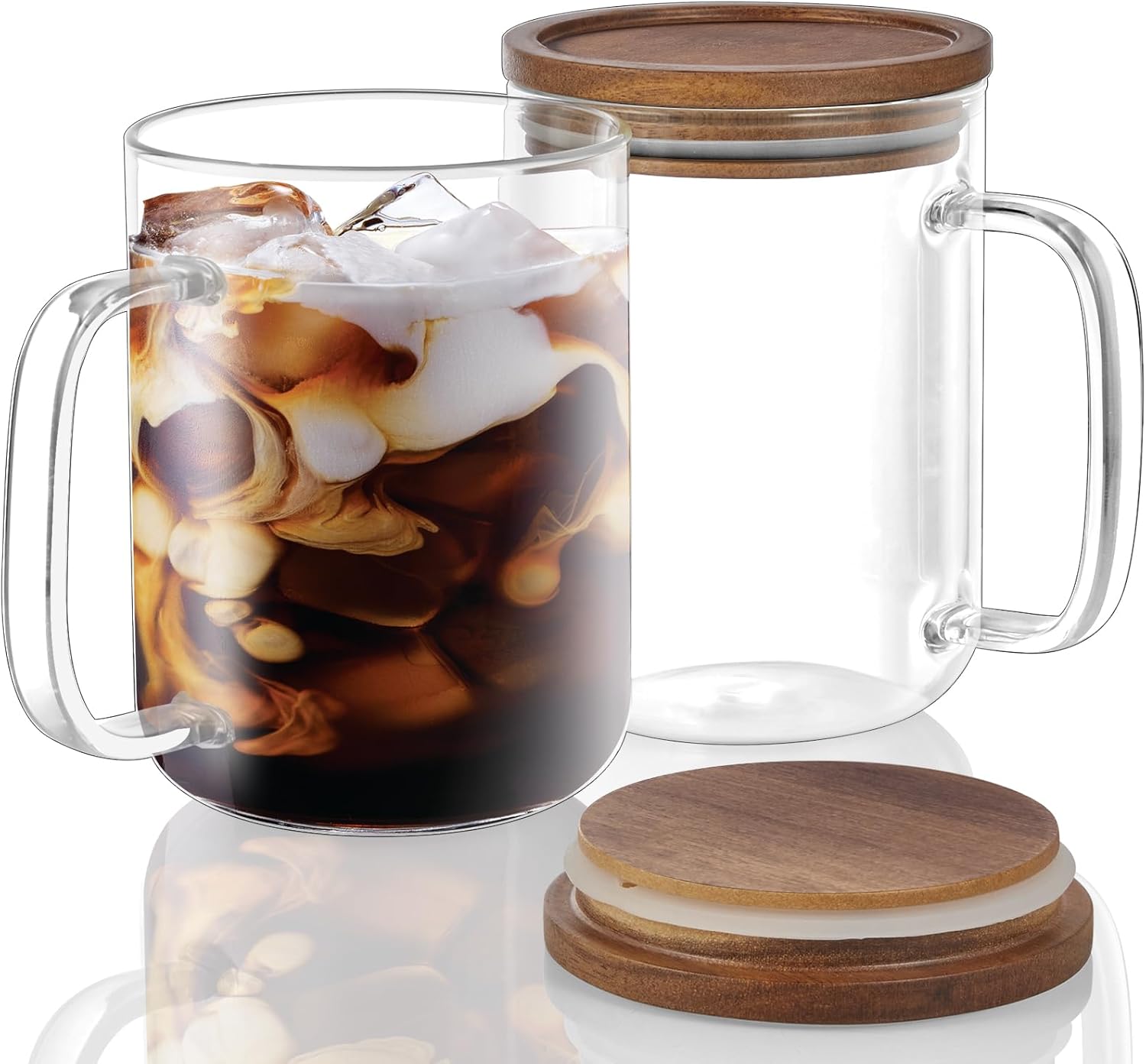 Glass Coffee Mugs, 20 oz Clear Coffee Cups, Coffee Mug with Acacia Wood Lid, Tea Glass Cups with Handles, Large Coffee Mug Set of 2, Glass Coffee Cups for Latte, Espresso, Tea