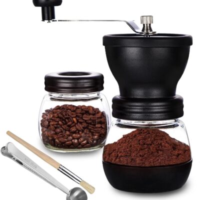 Manual Coffee Bean Grinder with Ceramic , Hand Coffee Grinder Mill Small with 2 Glass Jars( 11OZ per Jar) Stainless Steel Handle for Drip Coffee, Espresso, French Press, Turkish Brew
